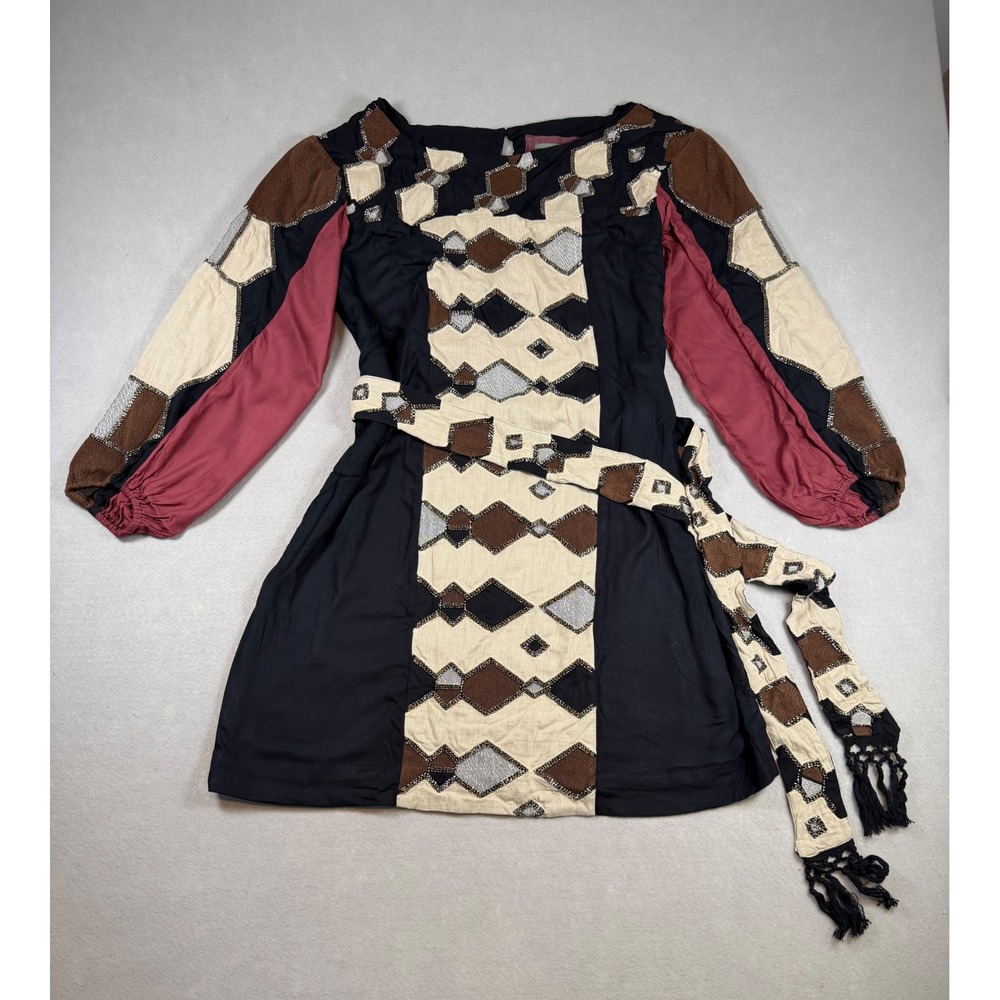 Anthropologie Geometric Diamond Patchwork Mini Dress Long Sleeve Tassel Belt L